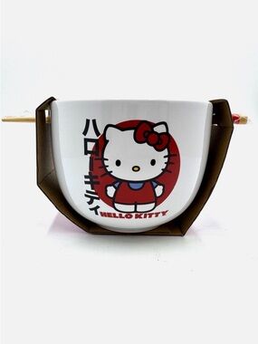 Hello Kitty Pink & White Ceramic Bowl with Chopsticks